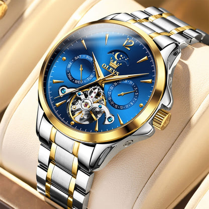 OLEVS 6663 Men Multifunctional Waterproof Hollow Steel Strap Mechanical Watch(Blue + Gold) - Metal Strap Watches by PMC Jewellery | Online Shopping South Africa | PMC Jewellery