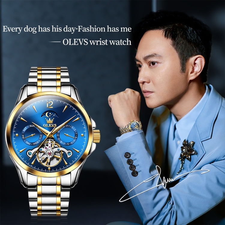 OLEVS 6663 Men Multifunctional Waterproof Hollow Steel Strap Mechanical Watch(Blue + Gold) - Metal Strap Watches by PMC Jewellery | Online Shopping South Africa | PMC Jewellery