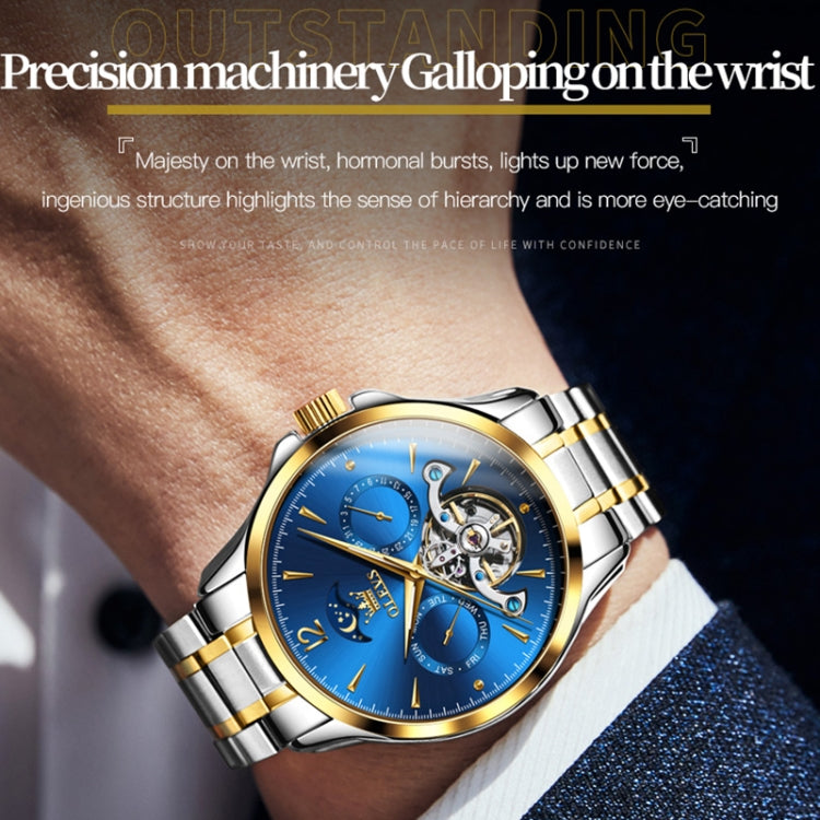 OLEVS 6663 Men Multifunctional Waterproof Hollow Steel Strap Mechanical Watch(Blue + Gold) - Metal Strap Watches by PMC Jewellery | Online Shopping South Africa | PMC Jewellery