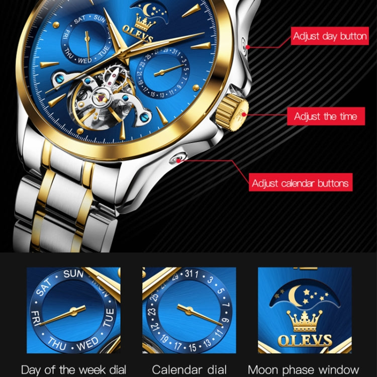 OLEVS 6663 Men Multifunctional Waterproof Hollow Steel Strap Mechanical Watch(Blue + Gold) - Metal Strap Watches by PMC Jewellery | Online Shopping South Africa | PMC Jewellery