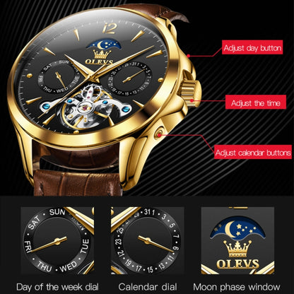 OLEVS 6663 Men Multifunctional Waterproof Hollow Leather Strap Mechanical Watch(Black + Brown) - Leather Strap Watches by PMC Jewellery | Online Shopping South Africa | PMC Jewellery