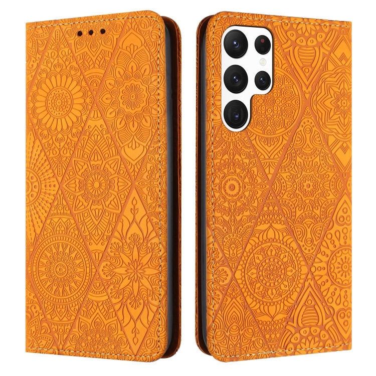 For Samsung Galaxy S22 Ultra 5G Ethnic Embossed Adsorption Leather Phone Case(Yellow) - free shipping - PMC TechLife - Order now!