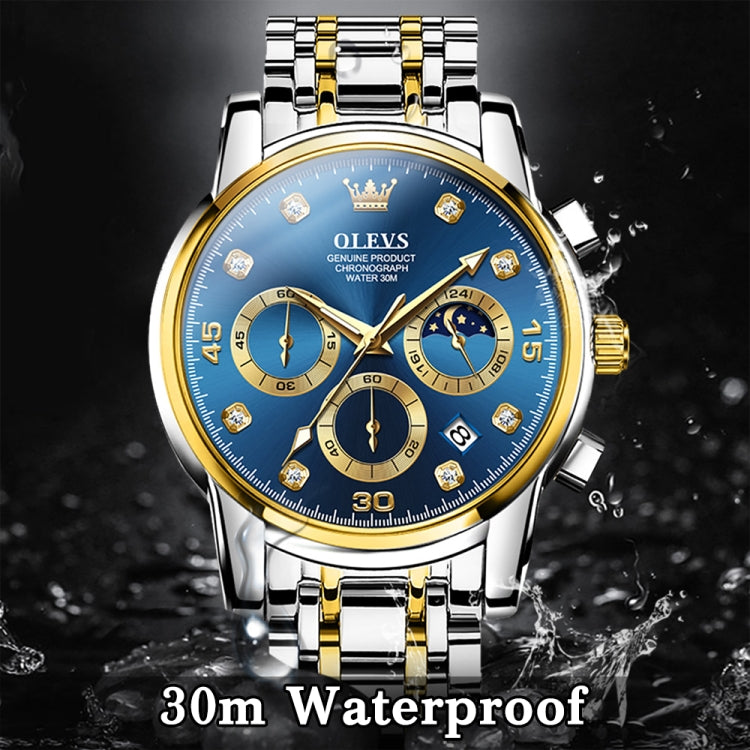 OLEVS 2889 Men Multifunctional Luminous Waterproof Quartz Watch(Blue + Gold) - Metal Strap Watches by OLEVS | Online Shopping South Africa | PMC Jewellery