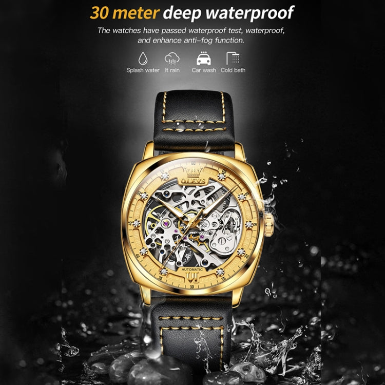 OLEVS 6651 Men Luminous Waterproof Hollow Mechanical Watch(Gold) - Leather Strap Watches by OLEVS | Online Shopping South Africa | PMC Jewellery