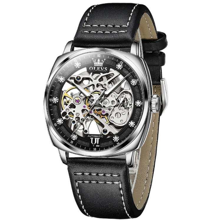 OLEVS 6651 Men Luminous Waterproof Hollow Mechanical Watch(Black + White) - Leather Strap Watches by OLEVS | Online Shopping South Africa | PMC Jewellery