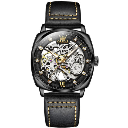 OLEVS 6651 Men Luminous Waterproof Hollow Mechanical Watch(Black) - Leather Strap Watches by OLEVS | Online Shopping South Africa | PMC Jewellery