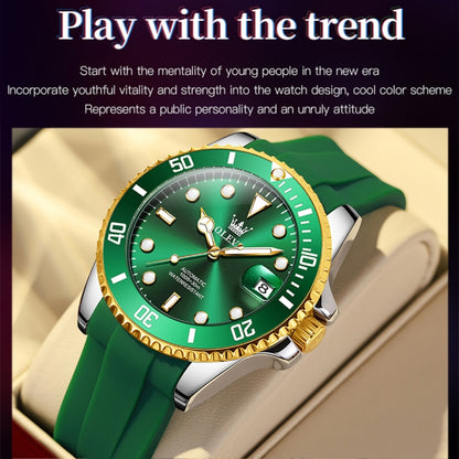 OLEVS 6650 Men Luminous Waterproof Silicone Strap Mechanical Watch(Green + Gold) - Silicone Strap Watches by OLEVS | Online Shopping South Africa | PMC Jewellery