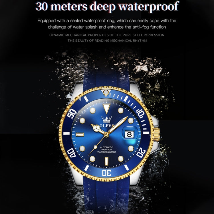 OLEVS 6650 Men Luminous Waterproof Silicone Strap Mechanical Watch(Blue + Gold) - Silicone Strap Watches by OLEVS | Online Shopping South Africa | PMC Jewellery