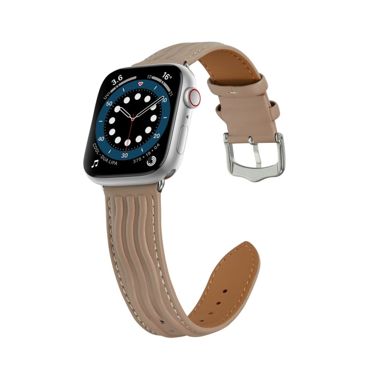 Embossed Line Genuine Leather Watch Band For Apple Watch 8 41mm(Milky Brown) - Watch Bands by PMC Jewellery | Online Shopping South Africa | PMC Jewellery