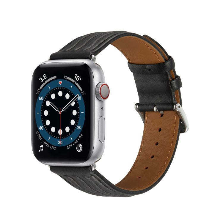 Embossed Line Genuine Leather Watch Band For Apple Watch 8 45mm(Black) - Watch Bands by PMC Jewellery | Online Shopping South Africa | PMC Jewellery