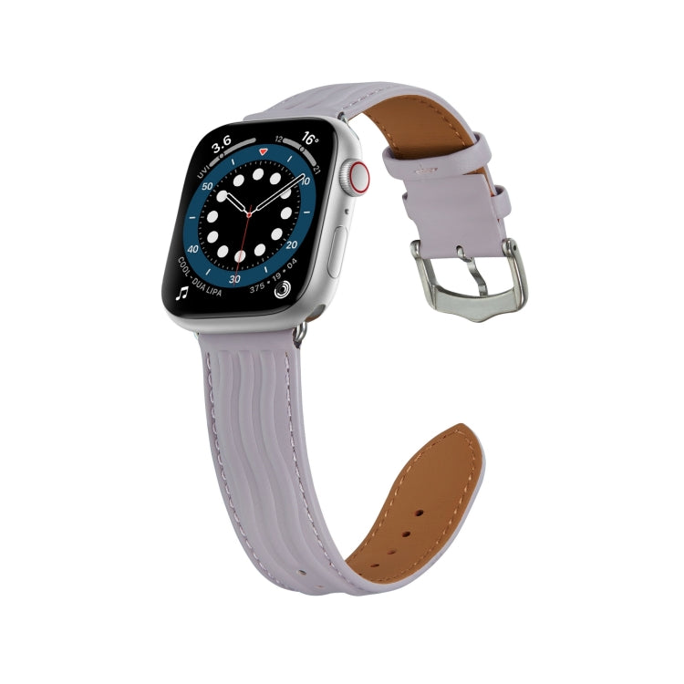 Embossed Line Genuine Leather Watch Band For Apple Watch SE 2022 44mm(Lavender Purple) - Watch Bands by PMC Jewellery | Online Shopping South Africa | PMC Jewellery