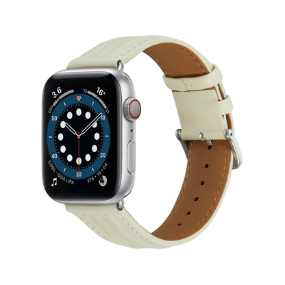 Embossed Line Genuine Leather Watch Band For Apple Watch SE 2022 44mm(Milky White) - Watch Bands by PMC Jewellery | Online Shopping South Africa | PMC Jewellery