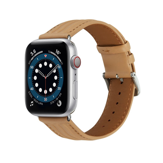 Embossed Line Genuine Leather Watch Band For Apple Watch 7 45mm(Khaki) - Watch Bands by PMC Jewellery | Online Shopping South Africa | PMC Jewellery