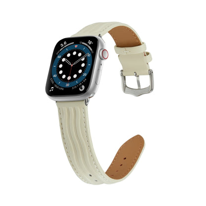 Embossed Line Genuine Leather Watch Band For Apple Watch 7 45mm(Milky White) - Watch Bands by PMC Jewellery | Online Shopping South Africa | PMC Jewellery