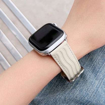 Embossed Line Genuine Leather Watch Band For Apple Watch 7 45mm(Milky White) - Watch Bands by PMC Jewellery | Online Shopping South Africa | PMC Jewellery