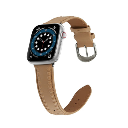 Embossed Love Genuine Leather Watch Band For Apple Watch SE 44mm(Khaki) - Watch Bands by PMC Jewellery | Online Shopping South Africa | PMC Jewellery