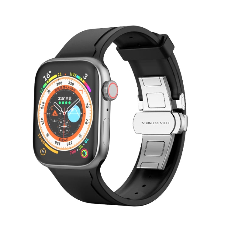 Metal Butterfly Buckle Silicone Watch Band For Apple Watch 7 45mm(Black) - Watch Bands by PMC TechLife | Online Shopping South Africa | PMC TechLife