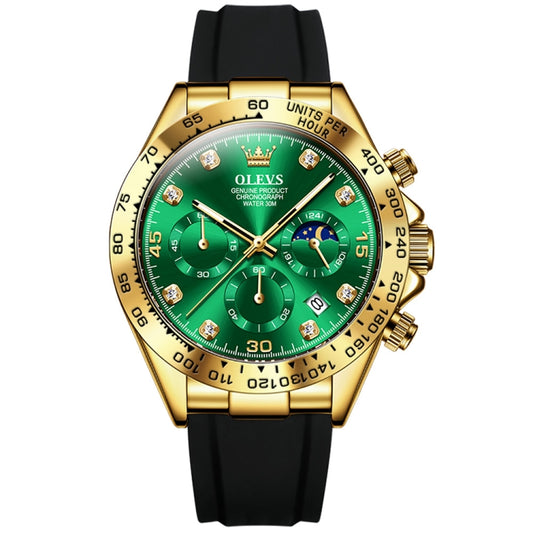 OLEVS 2875 Men Multifunctional Sports Chronograph Waterproof Quartz Watch(Green + Gold) - Silicone Strap Watches by OLEVS | Online Shopping South Africa | PMC Jewellery