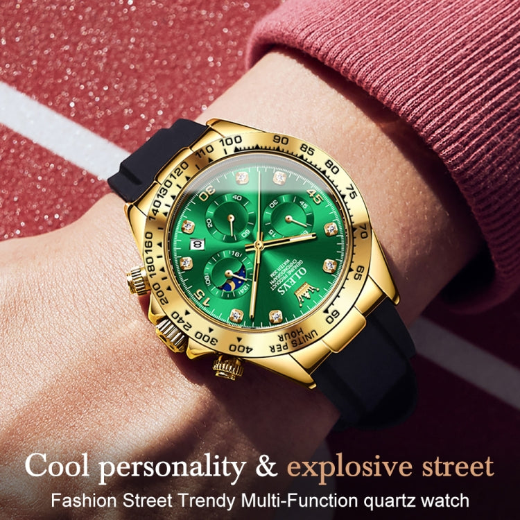 OLEVS 2875 Men Multifunctional Sports Chronograph Waterproof Quartz Watch(Green + Gold) - Silicone Strap Watches by OLEVS | Online Shopping South Africa | PMC Jewellery