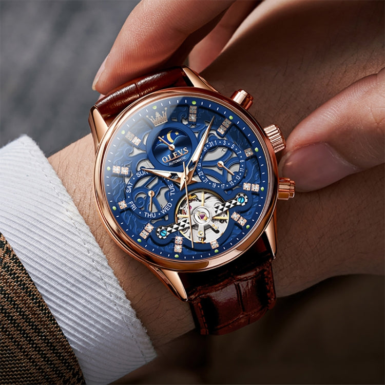 OLEVS 6658 Men Luminous Waterproof Leather Strap Mechanical Watch(Blue + Rose Gold) - Leather Strap Watches by OLEVS | Online Shopping South Africa | PMC Jewellery