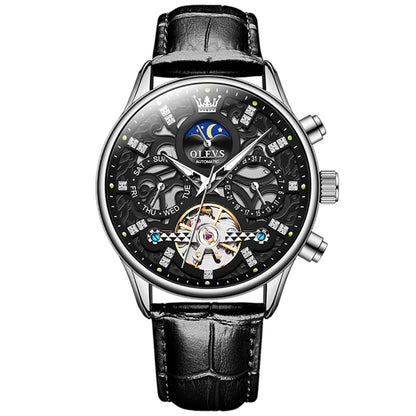 OLEVS 6658 Men Luminous Waterproof Leather Strap Mechanical Watch(Black) - Leather Strap Watches by OLEVS | Online Shopping South Africa | PMC Jewellery