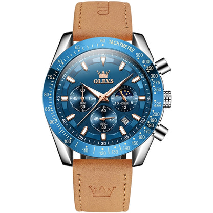 OLEVS 9957 Men Luminous Waterproof Leather Strap Quartz Watch(Blue) - Leather Strap Watches by OLEVS | Online Shopping South Africa | PMC Jewellery