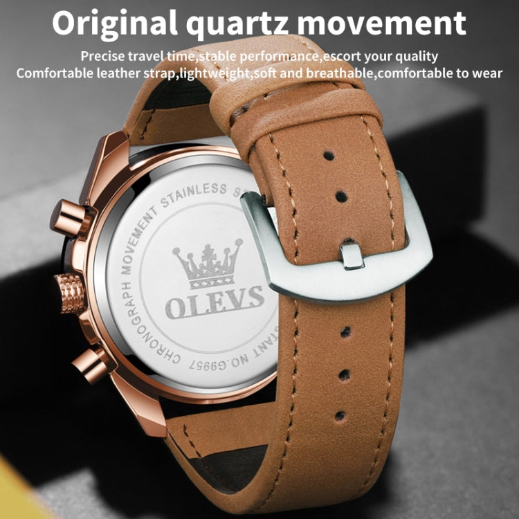 OLEVS 9957 Men Luminous Waterproof Leather Strap Quartz Watch(Coffee + Rose Gold) - Leather Strap Watches by OLEVS | Online Shopping South Africa | PMC Jewellery