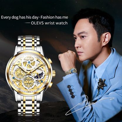 OLEVS 9947 Men Multifunctional Hollow Waterproof Quartz Watch(White + Gold) - Metal Strap Watches by OLEVS | Online Shopping South Africa | PMC Jewellery
