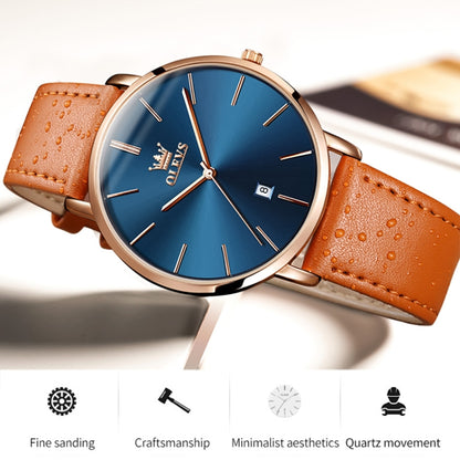 OLEVS 5869 Men Business Waterproof Genuine Leather Strap Quartz Watch(Blue + Brown) - Leather Strap Watches by OLEVS | Online Shopping South Africa | PMC Jewellery