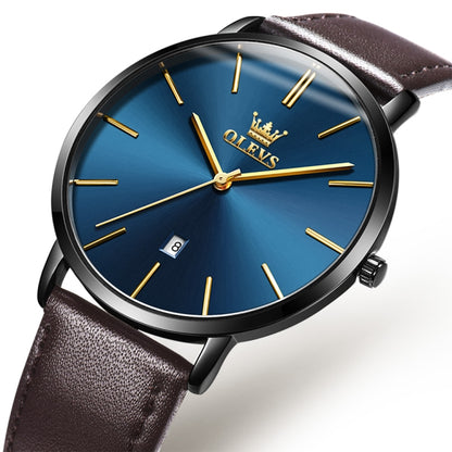 OLEVS 5869 Men Business Waterproof Genuine Leather Strap Quartz Watch(Blue + Dark Brown) - Leather Strap Watches by OLEVS | Online Shopping South Africa | PMC Jewellery