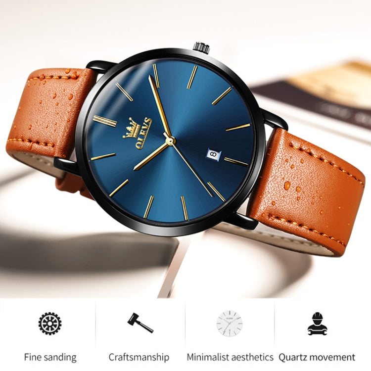 OLEVS 5869 Men Business Waterproof Genuine Leather Strap Quartz Watch(Blue Black Brown) - Leather Strap Watches by OLEVS | Online Shopping South Africa | PMC Jewellery