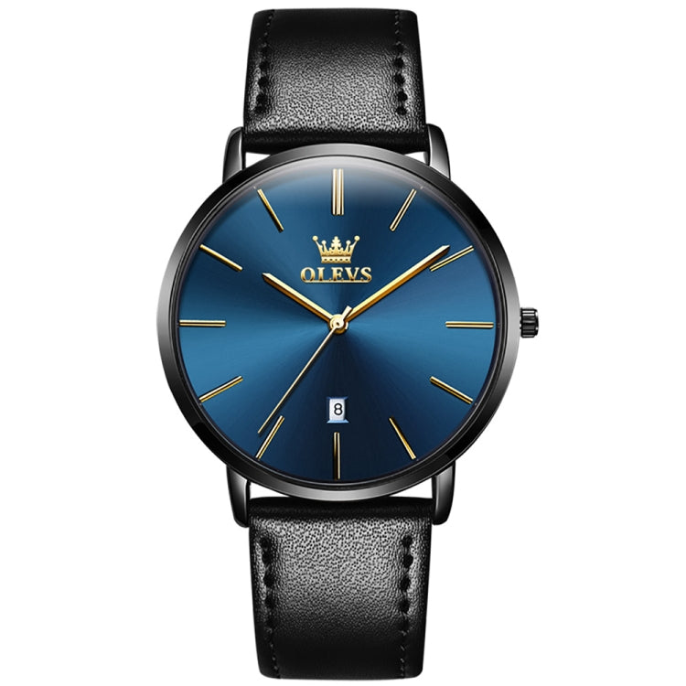 OLEVS 5869 Men Business Waterproof Genuine Leather Strap Quartz Watch(Black + Blue) - Leather Strap Watches by OLEVS | Online Shopping South Africa | PMC Jewellery
