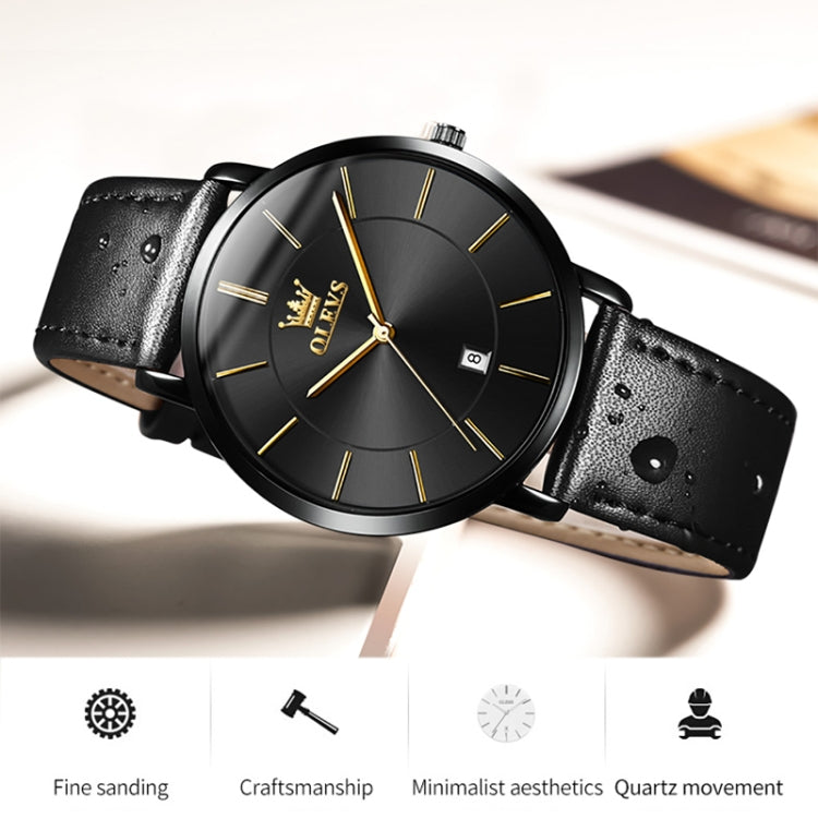 OLEVS 5869 Men Business Waterproof Genuine Leather Strap Quartz Watch(Black) - Leather Strap Watches by OLEVS | Online Shopping South Africa | PMC Jewellery