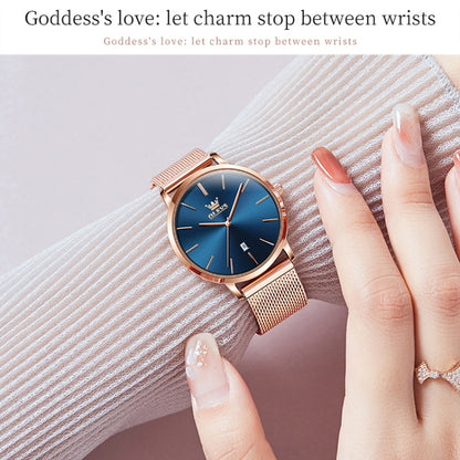 OLEVS 5869 Ladies Business Waterproof Steel Strap Quartz Watch(Blue + Rose Gold) - Metal Strap Watches by OLEVS | Online Shopping South Africa | PMC Jewellery