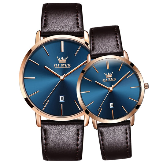 OLEVS 5869 1 Pair Couple Waterproof Genuine Leather Strap Quartz Watch(Blue + Rose Gold) - Couple Watches by PMC Jewellery | Online Shopping South Africa | PMC Jewellery