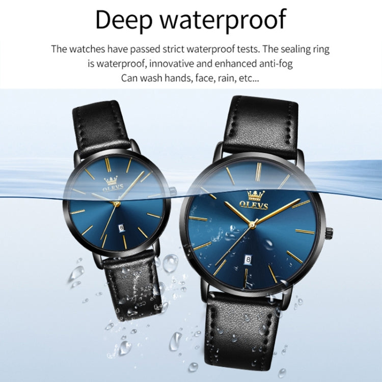 OLEVS 5869 1 Pair Couple Waterproof Genuine Leather Strap Quartz Watch(Blue + Rose Gold) - Couple Watches by PMC Jewellery | Online Shopping South Africa | PMC Jewellery