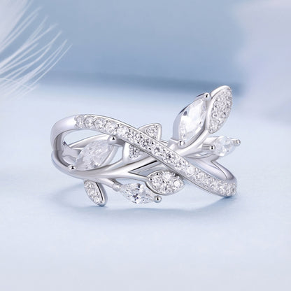 BSR453-7 S925 Sterling Silver White Gold Plated Zircon Luxury Leaf Ring - Rings by PMC Jewellery | Online Shopping South Africa | PMC Jewellery