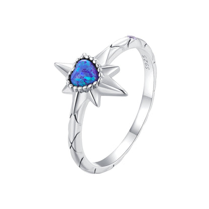 BSR455-6 S925 Sterling Silver White Gold Plated Heart Shape Star Opal Ring Bracelet - Rings by PMC Jewellery | Online Shopping South Africa | PMC Jewellery