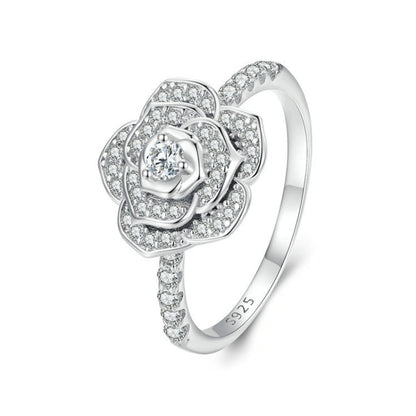 BSR449-6 S925 Sterling Silver White Gold Plated Zircon Rose Ring Hand Decoration - Rings by PMC Jewellery | Online Shopping South Africa | PMC Jewellery