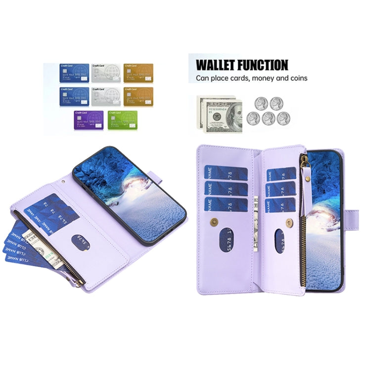 For iPhone 14 / 13 9 Card Slots Zipper Wallet Leather Flip Phone Case(Light Purple) - free shipping - PMC TechLife - Order now!