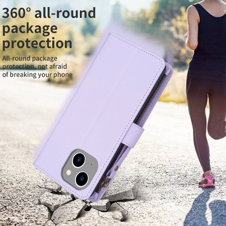 For iPhone 14 / 13 9 Card Slots Zipper Wallet Leather Flip Phone Case(Light Purple) - free shipping - PMC TechLife - Order now!