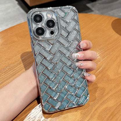 For iPhone 14 Pro Woven Grid 3D Electroplating Laser Engraving Glitter Paper Phone Case(Silver) - iPhone 14 Pro Cases by PMC Jewellery | Online Shopping South Africa | PMC Jewellery