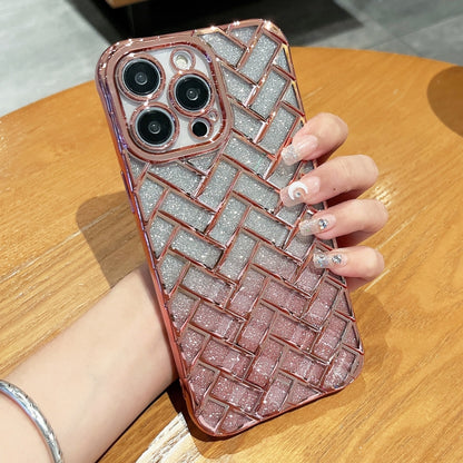 For iPhone 14 Pro Max Woven Grid 3D Electroplating Laser Engraving Glitter Paper Phone Case(Rose Gold) - iPhone 14 Pro Max Cases by PMC Jewellery | Online Shopping South Africa | PMC Jewellery