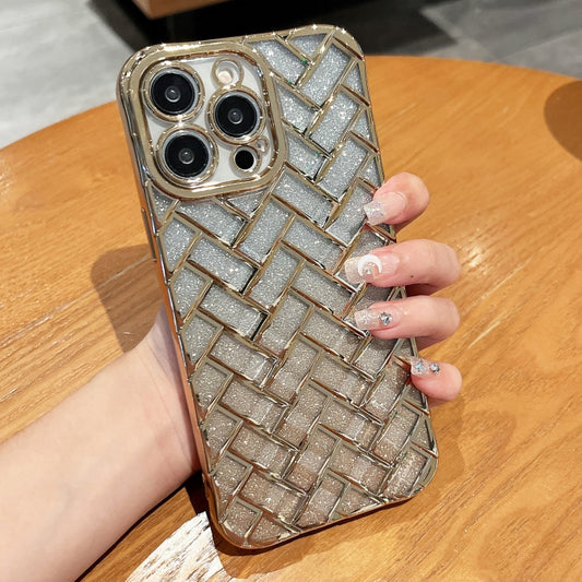 For iPhone 13 Pro Woven Grid 3D Electroplating Laser Engraving Glitter Paper Phone Case(Gold) - iPhone 13 Pro Cases by PMC Jewellery | Online Shopping South Africa | PMC Jewellery