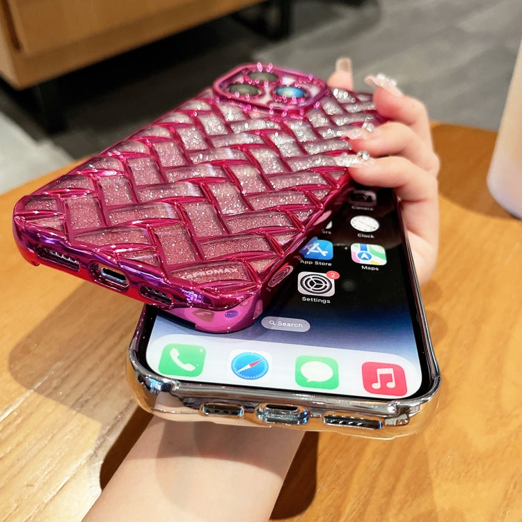 For iPhone 11 Woven Grid 3D Electroplating Laser Engraving Glitter Paper Phone Case(Rose Red) - iPhone 11 Cases by PMC Jewellery | Online Shopping South Africa | PMC Jewellery