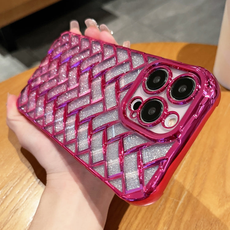 For iPhone 12 Woven Grid 3D Electroplating Laser Engraving Glitter Paper Phone Case(Rose Red) - iPhone 12 / 12 Pro Cases by PMC Jewellery | Online Shopping South Africa | PMC Jewellery