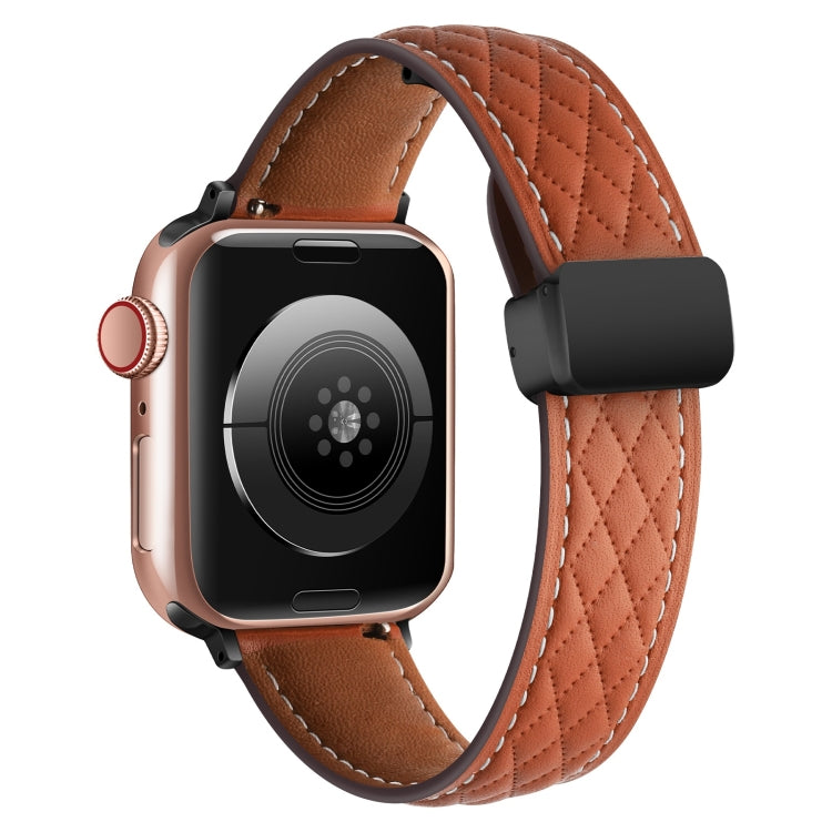 For Apple Watch SE 2022 40mm Folding Buckle Rhombus Leather Watch Band(Brown) - Watch Bands by PMC Jewellery | Online Shopping South Africa | PMC Jewellery