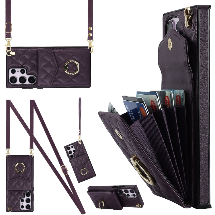 For Samsung Galaxy S23 Ultra 5G Rhombic Texture Card Bag Phone Case with Long Lanyard(Dark Purple) - free shipping - PMC TechLife - Order now!