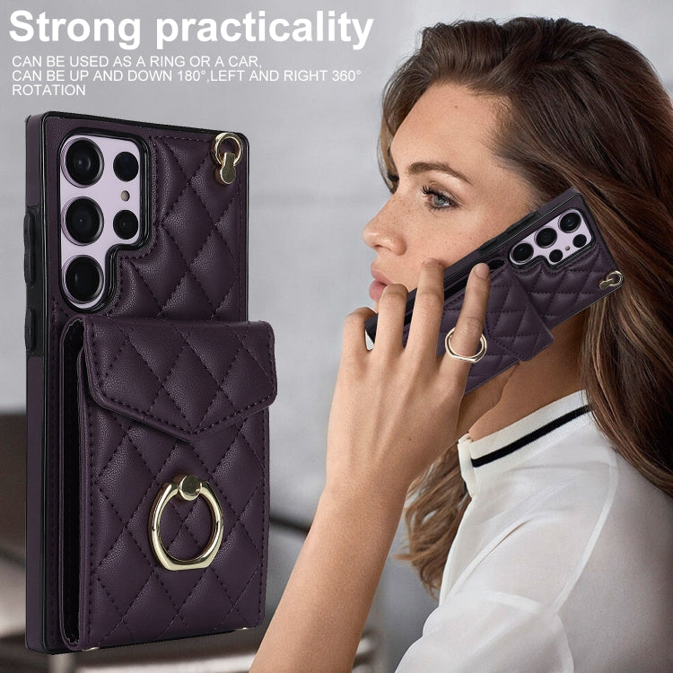 For Samsung Galaxy S23 Ultra 5G Rhombic Texture Card Bag Phone Case with Long Lanyard(Dark Purple) - free shipping - PMC TechLife - Order now!