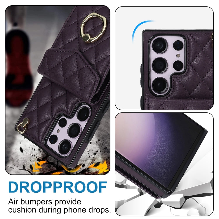 For Samsung Galaxy S23 Ultra 5G Rhombic Texture Card Bag Phone Case with Long Lanyard(Dark Purple) - free shipping - PMC TechLife - Order now!